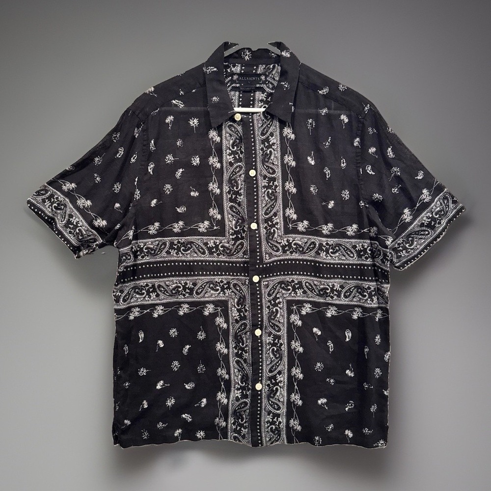 Allsaints Mens Pima Camp Shirt L Black Bandana Print Relaxed Fit Cross Pattern